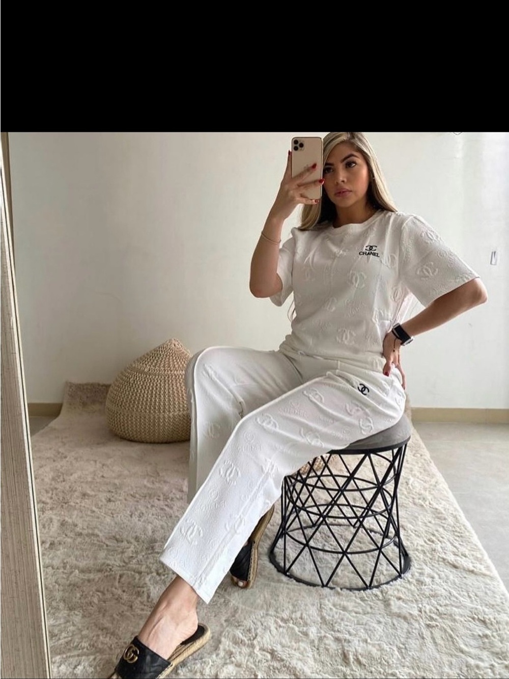 CHANEL White Embossed CC Straight-Leg Pants